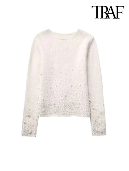 ТРАФИКА-Женски вязаный пуловер с изкуствени перли, кръгло деколте, дамски пуловери с дълъг ръкав, фини върхове, мода