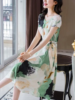 2023 Секси рокля Миди от цветя от коприна с къс ръкав и V-образно деколте, лятното модно лесно плажна рокля, дамски Корейски елегантни панталони вечерни рокли