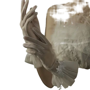 Дамски Прозрачни Тюлевые Кратки Сватбени Ръкавици с Кружевными Къдри на 1920-те години, Оперно Танцово Чай, Cosplay