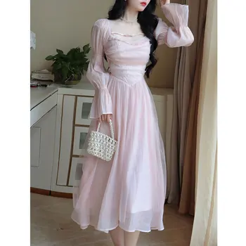 Хубава рокля в стила на годишна принцеса, Дамски елегантни вечерни рокли с дълъг ръкав и тромаво яка, Розова рокля Midi Корейската мода