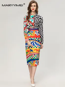 MARYYIMEI Есента женски комплект с отложным яка, риза в клетка с дълги ръкави и принтом + модни пола, комплект от две части