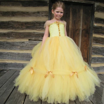 Жълта рокля на принцеса с цветя модел за сватба, Буйни тюл, рожден Ден, бал, Екипировки за Конкурс за красота, Дрехи за първо причастие